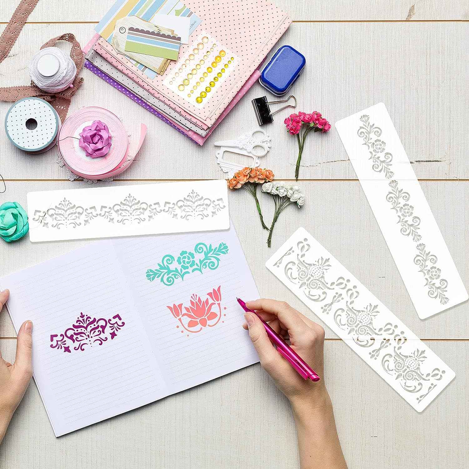 8 Pieces Ornate Border Stencil Flower Template DIY Art and Craft - TTpen