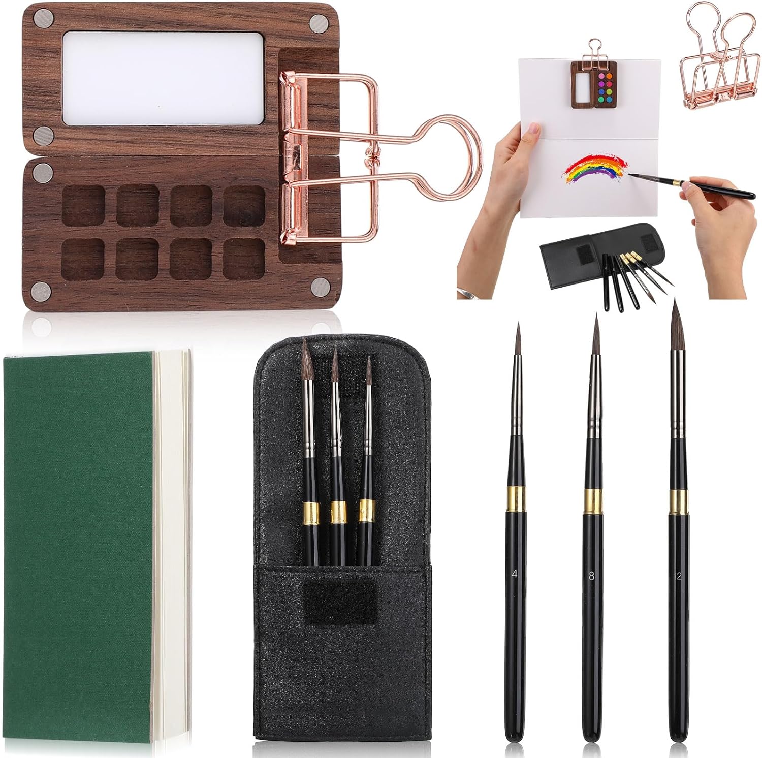 7Pcs Portable Watercolor Palette with Clip Sketchbook Paint Brushes 8 Color