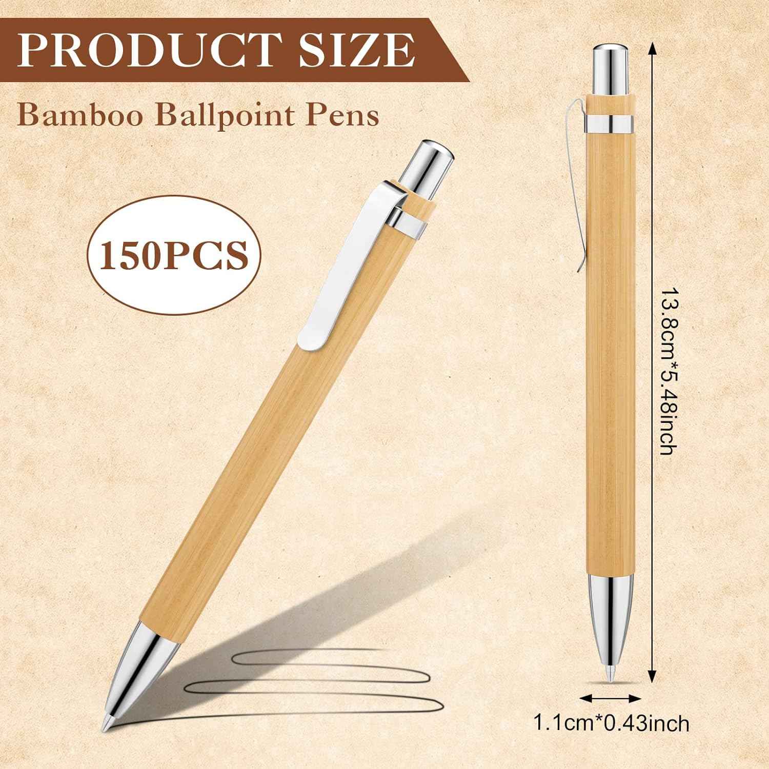 150Pcs Bamboo Ballpoint Pens Wooden Retractable Ballpoint Pen Bamboo Black Ink 1mm Pen Wood Sustainable Pens for Men Women Employee Writing Signature Journaling Home Office School - TTpen
