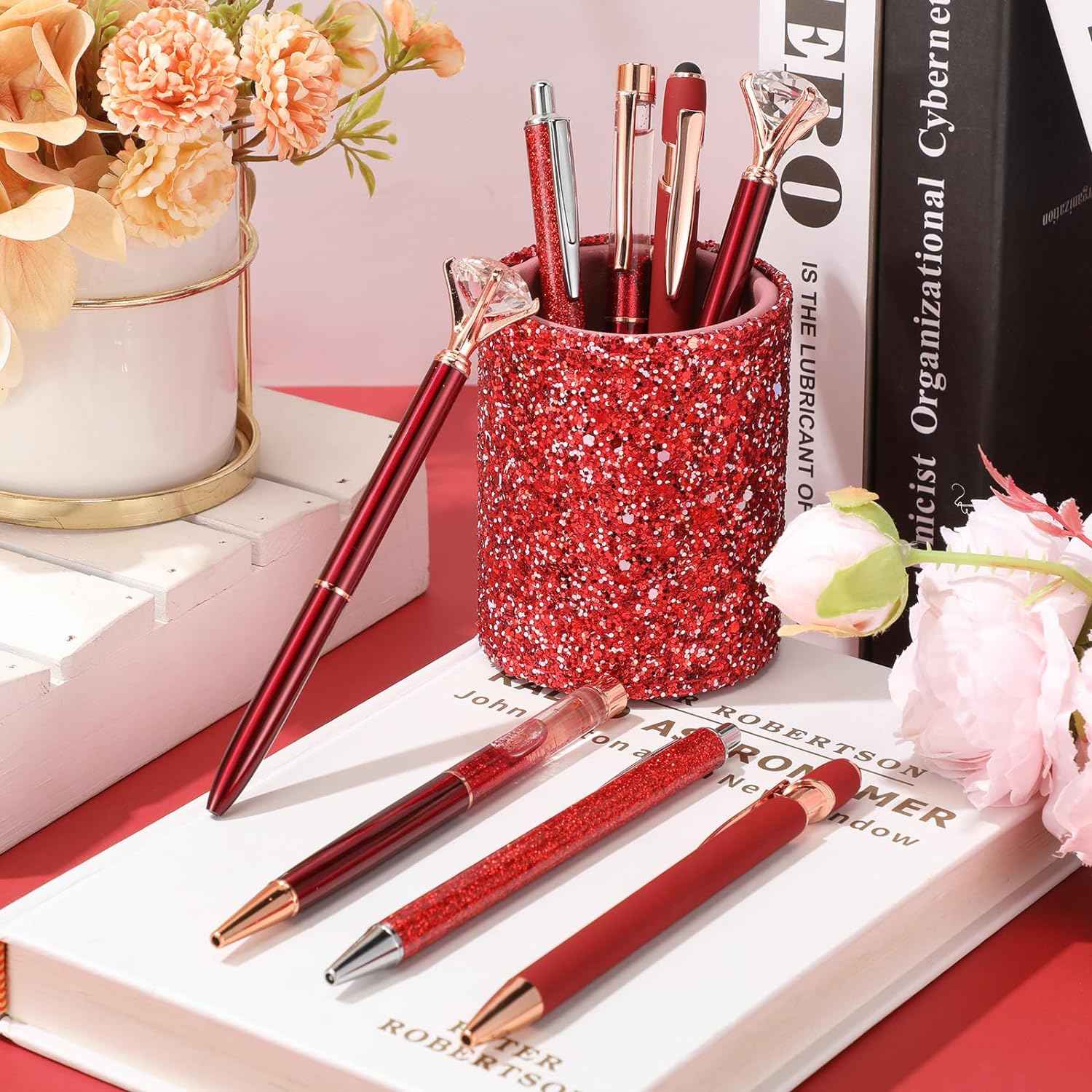 8Pcs Crystal Glitter Ballpoint Pens with Pen Holder for Desk Organizer - TTpen