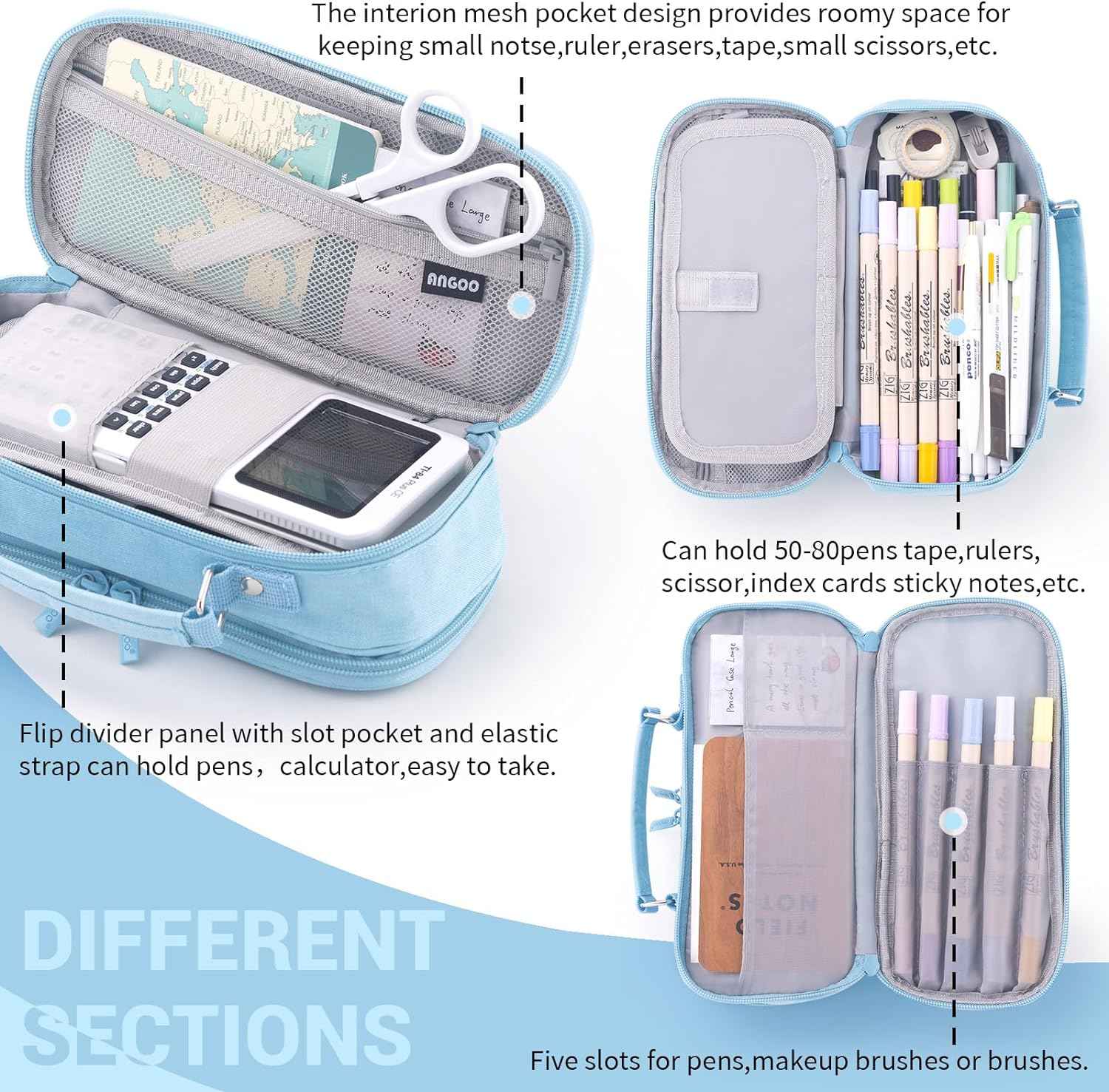 HVOMO Large capacity pencil case Pencil Pouch Double Zipper Storage Bag 3 Compartments Portable Multifunctional bag Desk Organizer School Marker Pen Casey(Dark Pink) - TTpen