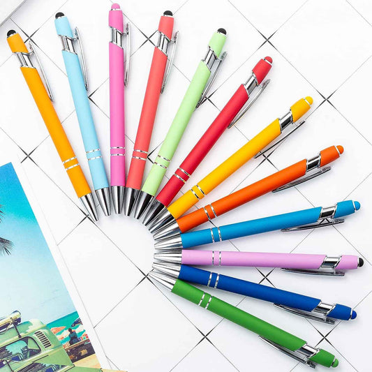 12 Pack Rainbow Rubberized Soft Touch Ballpoint Pen with Stylus Tip - TTpen