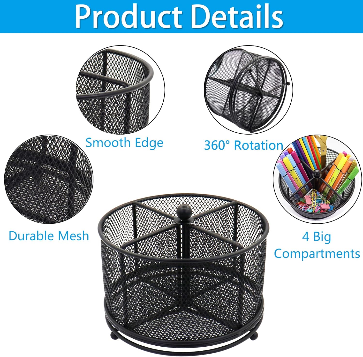 Mesh Rotating Desk Organizer Pen Pencil Holder 4 Compartments