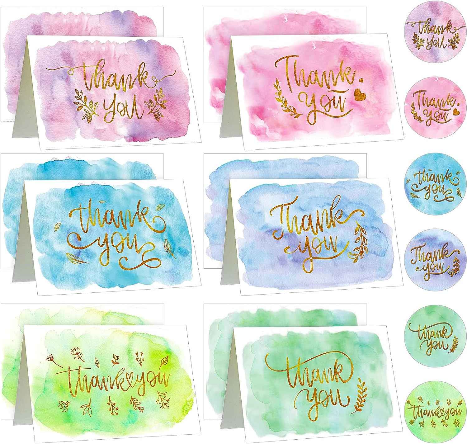 72 Pieces Watercolor Thank You Cards with Envelopes and Stickers Set - TTpen