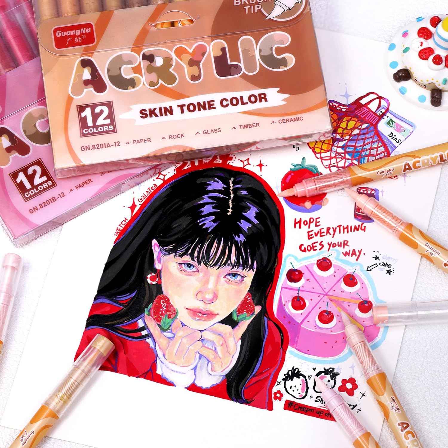 Guangna 8201 Acrylic Paint Markers 12 Skin Tone Colors Soft Brush Tip