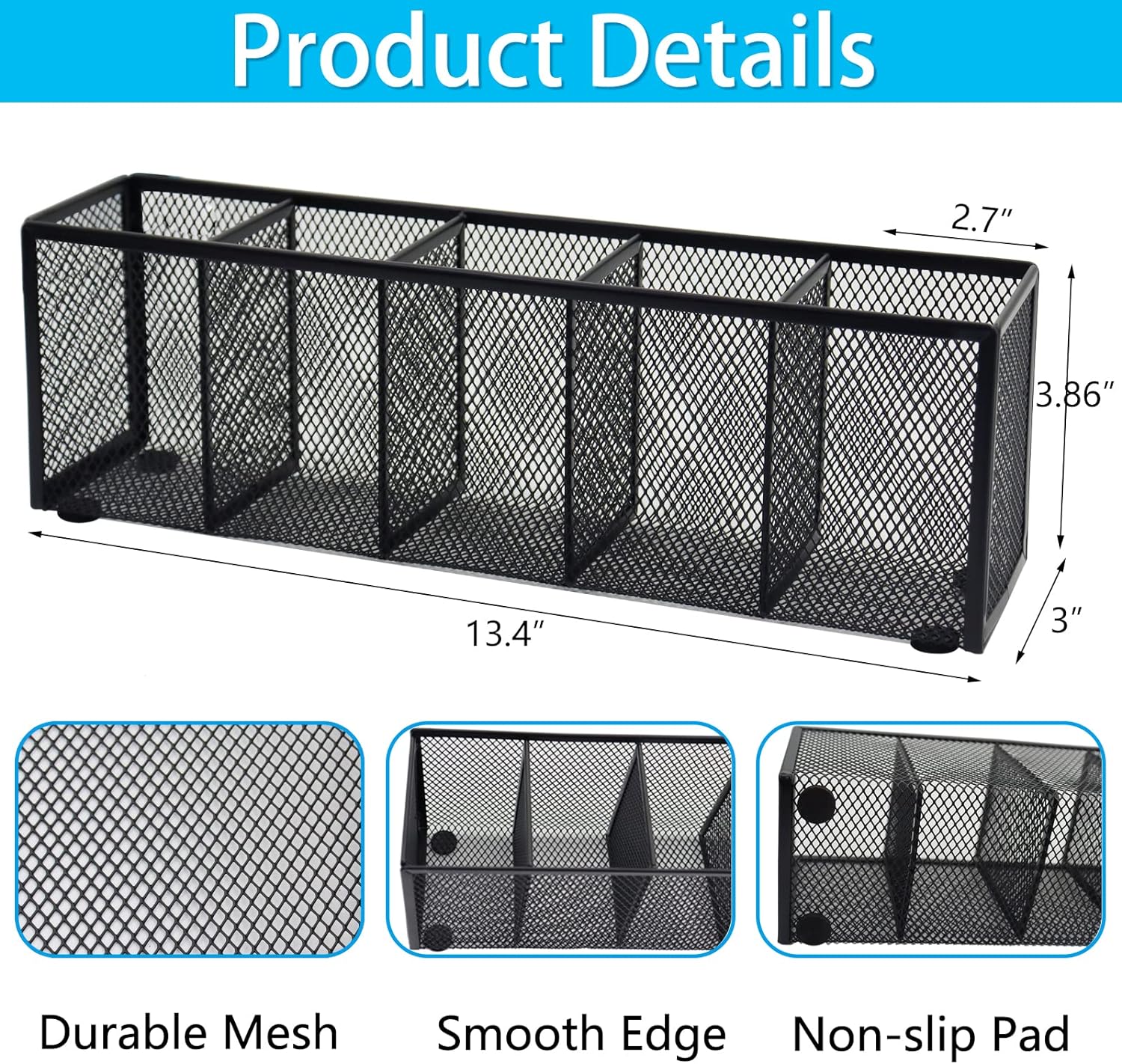 Black Mesh Pen Pencil Holder,Small Metal Desk Organizer 5 Grids