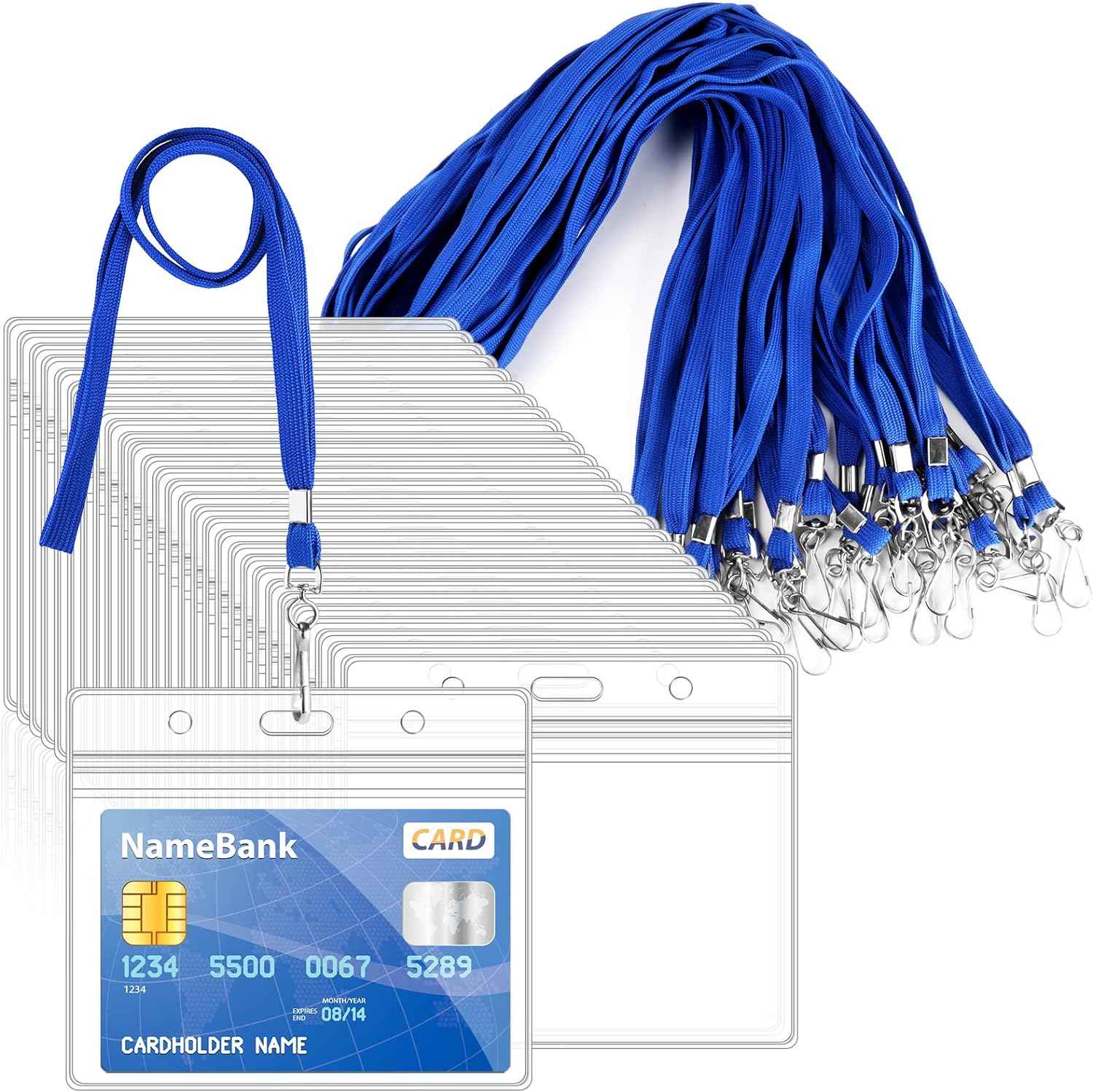 50Pcs Plastic Horizontal Badge Holders and 50Pcs Blue Neck Lanyards - TTpen