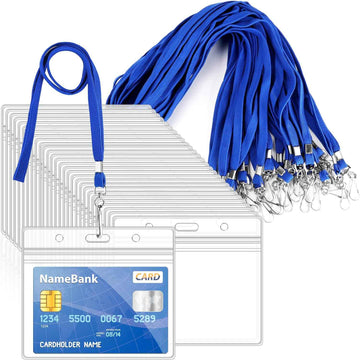 50Pcs Plastic Horizontal Badge Holders and 50Pcs Blue Neck Lanyards - TTpen