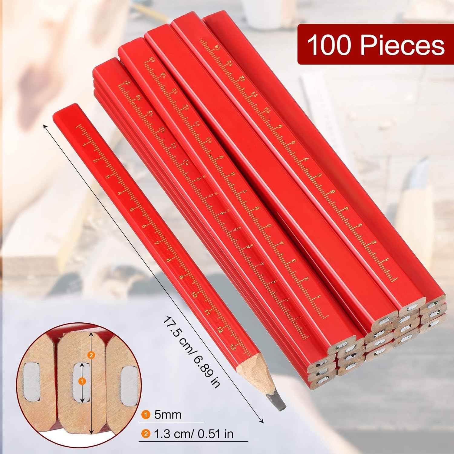 100 Pieces Octagonal Red Hard Black Carpenter Construction Pencils - TTpen