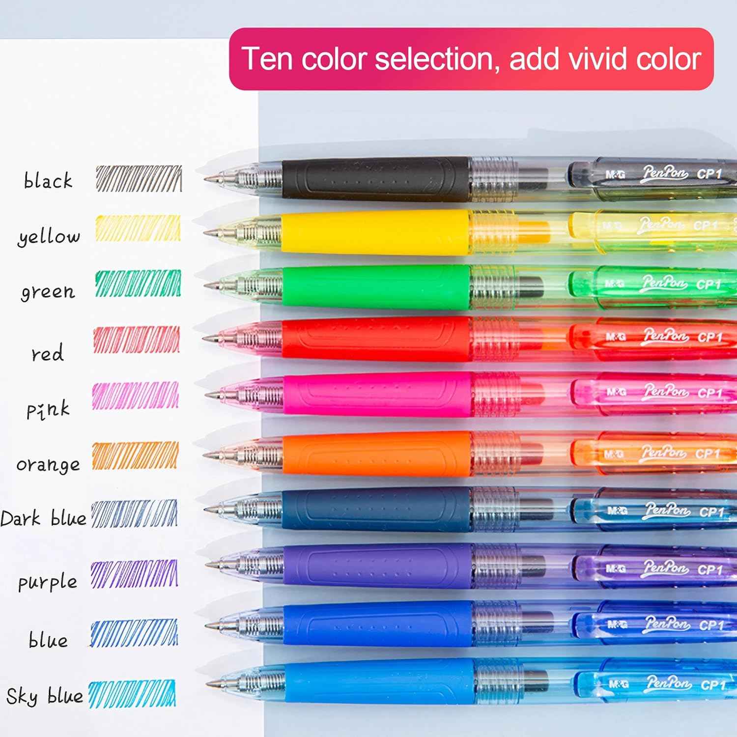 Retractable Liquid Gel Pens with Grip,10 Assorted Ink Colors (0.5 MM) - TTpen