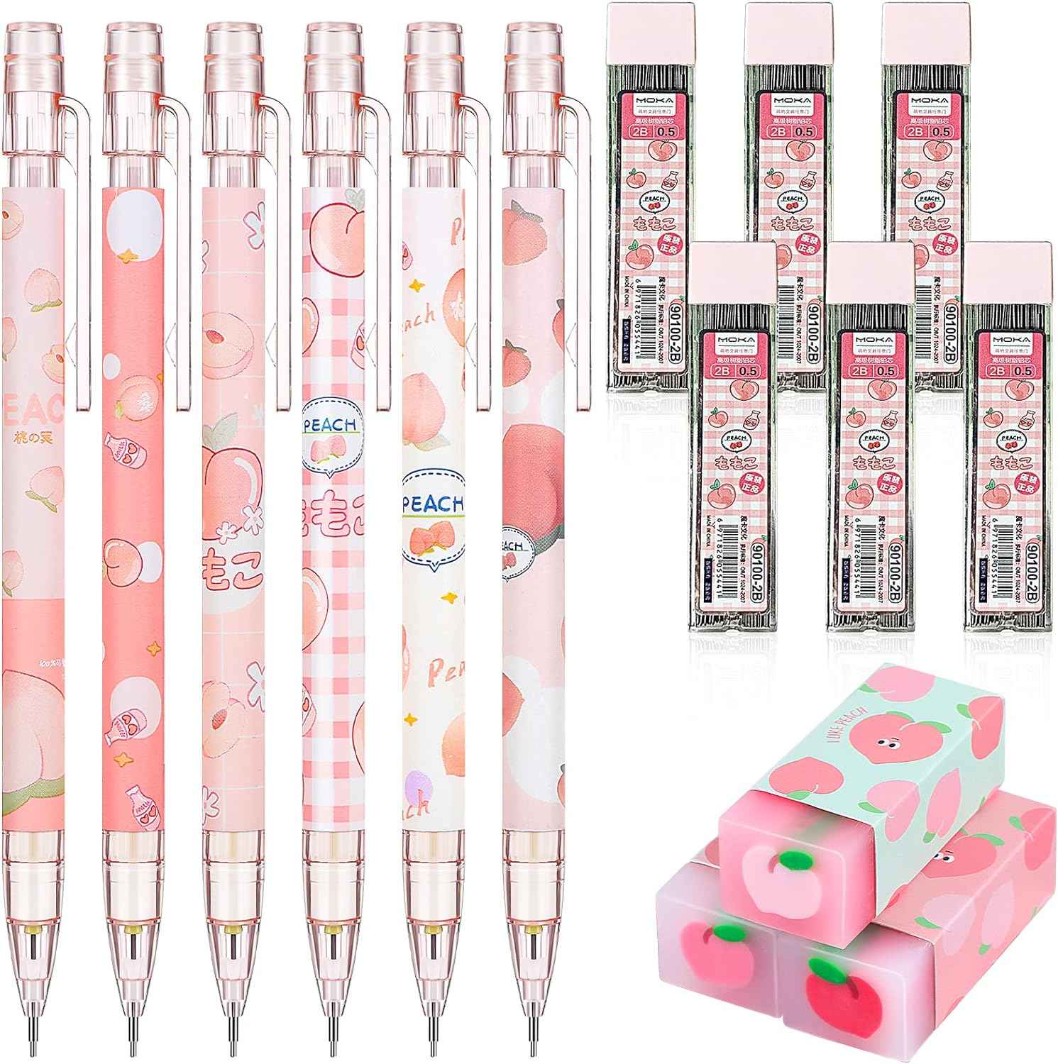 15pcs Peach Mechanical Pencils with 0.5mm Pencil Refills and Erasers - TTpen