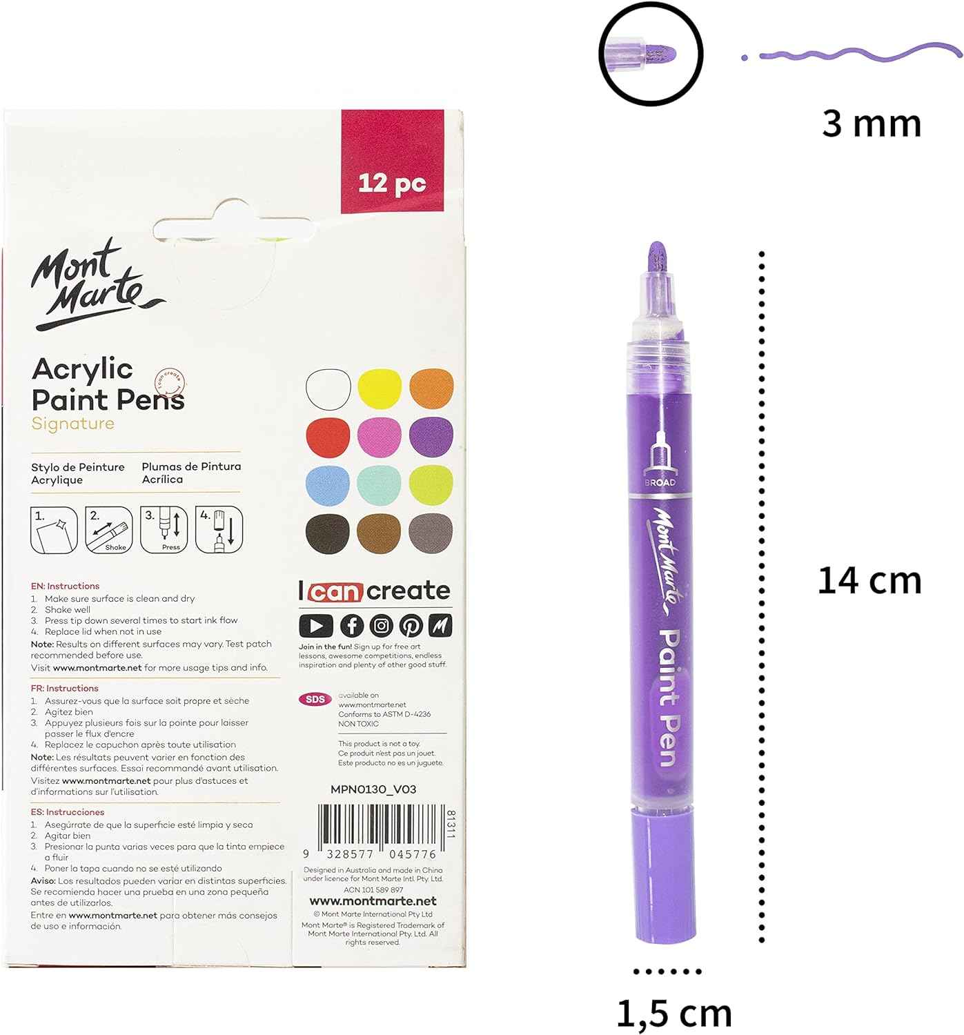 Mont Marte Signature Acrylic Paint Pens,12 Piece,Round Tip (3mm) - TTpen