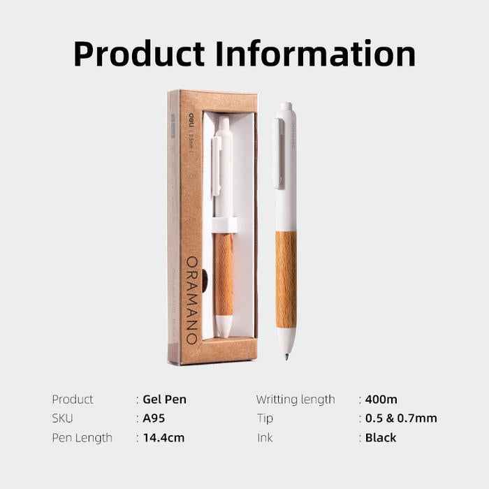 DELI ORAMANO A95 Wooden Texture Click Gel Pen 0.5 0.7mm 2 Pack