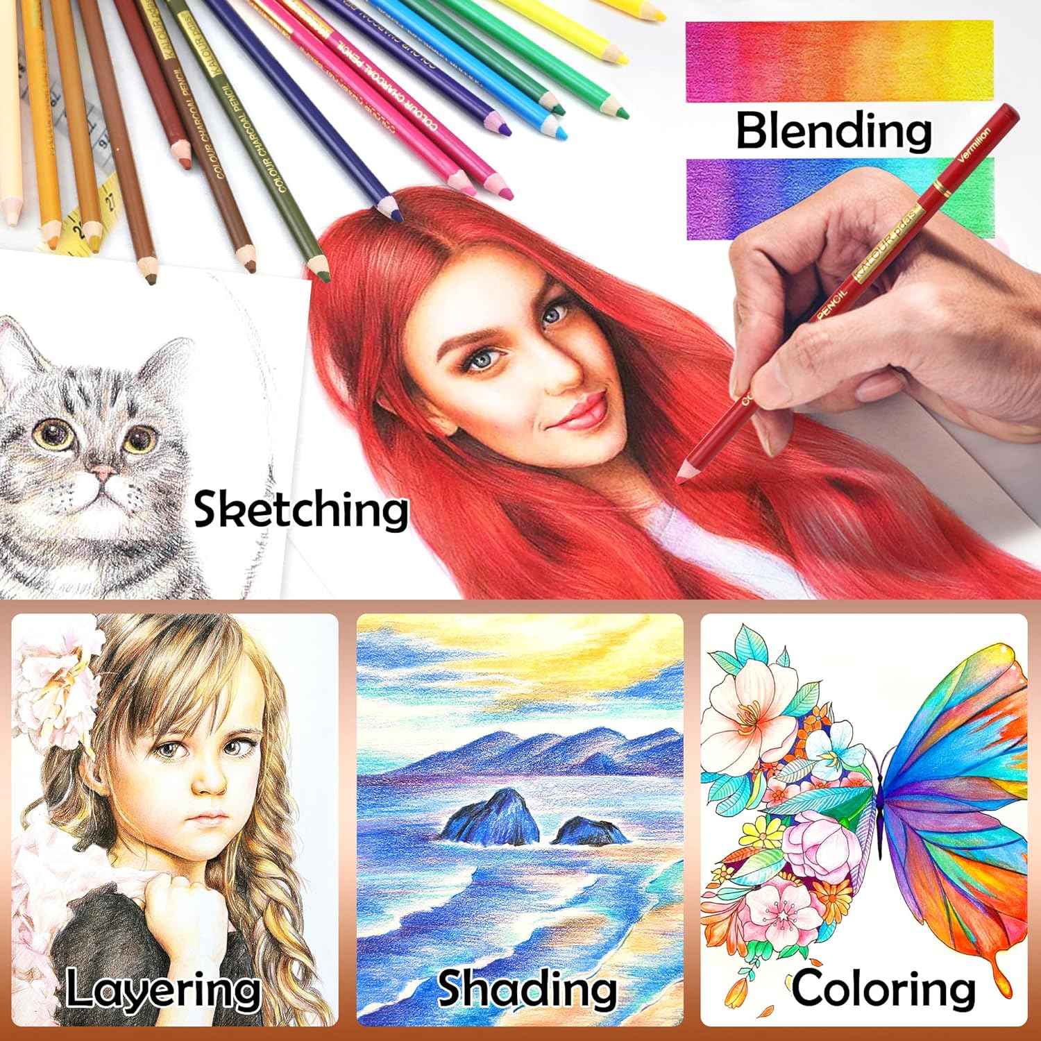 KALOUR 24 Premium Colored Charcoal Pencils Drawing Set - TTpen