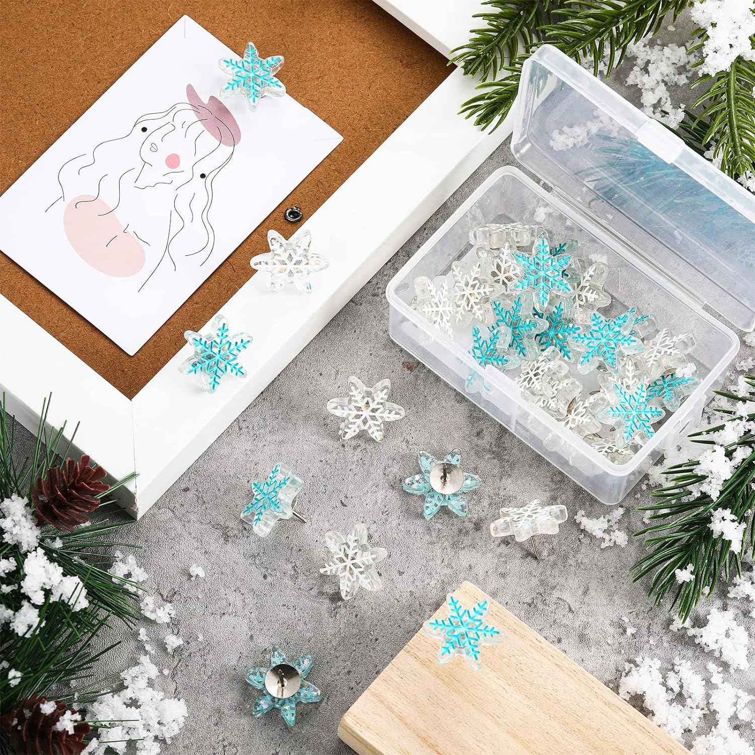 30Pcs Snowflake Push Pins,1 and 0.7 Inch Thumb Tacks for Bulletin Board - TTpen
