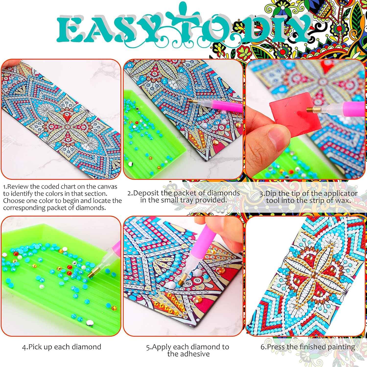 8 Pieces 5D Diamond Painting Bookmarks Floral Rhinestone with Tassels - TTpen