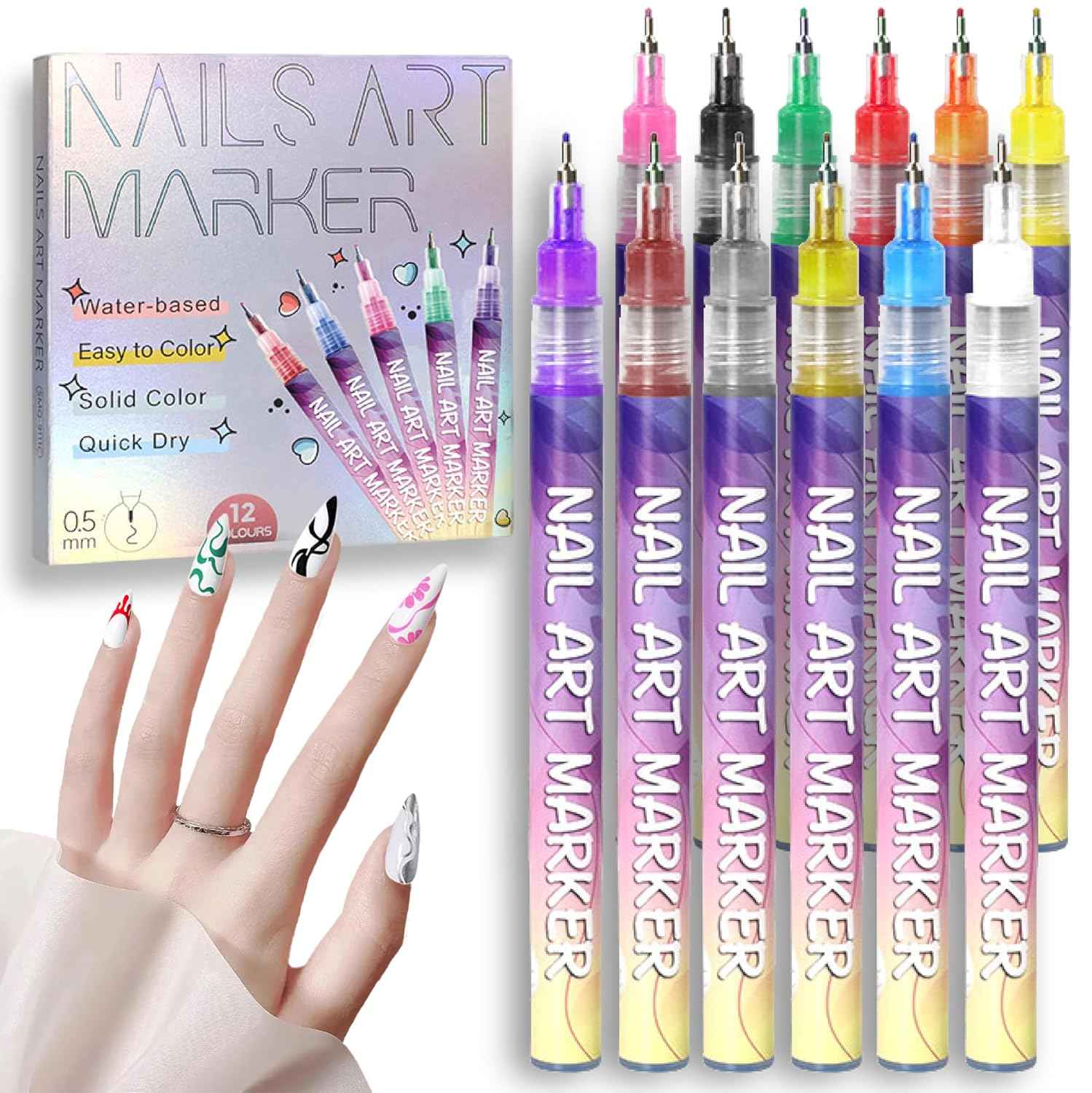 12 Colors 3D Nail Art Marker Pens Set 0.5mm