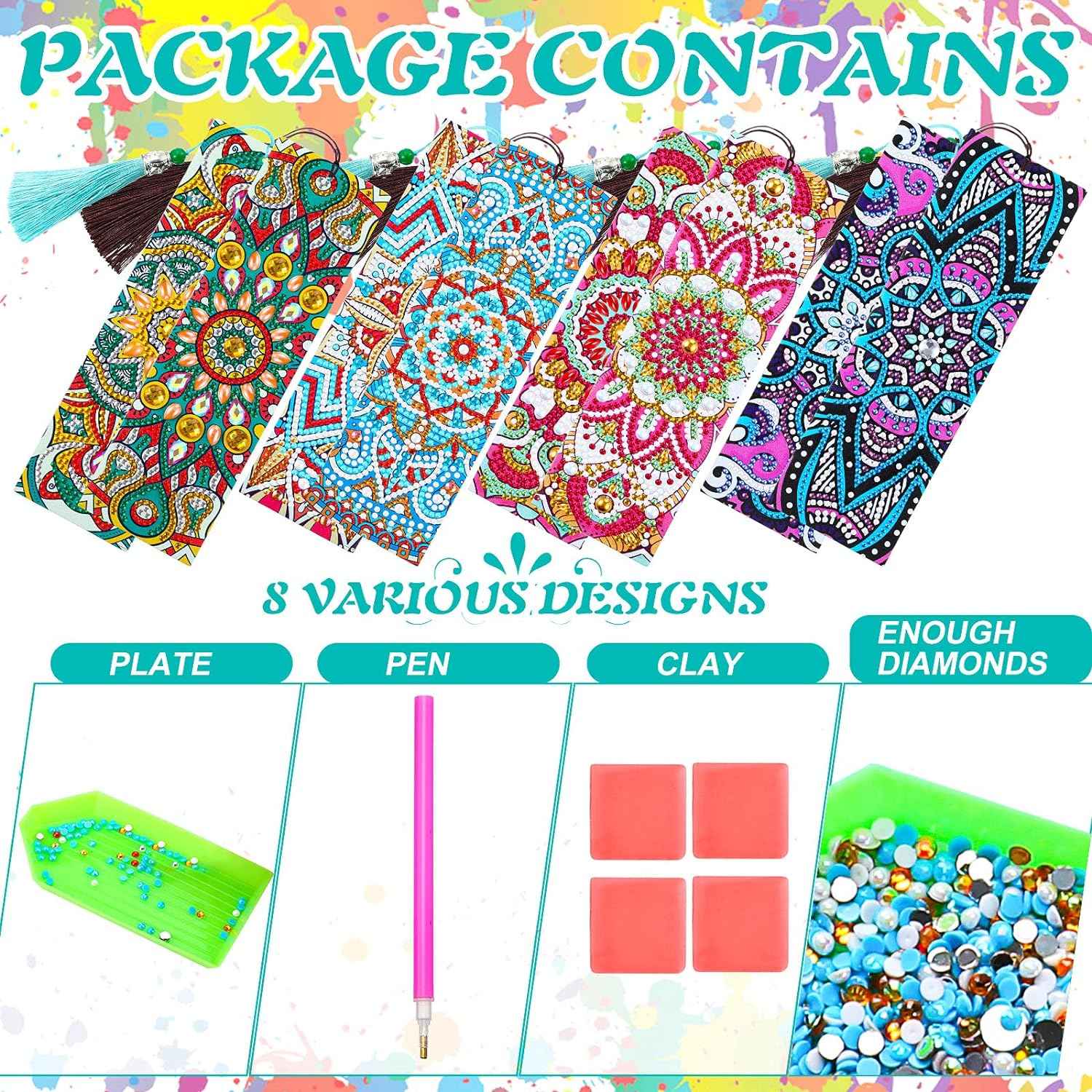 8 Pieces 5D Diamond Painting Bookmarks Floral Rhinestone with Tassels - TTpen