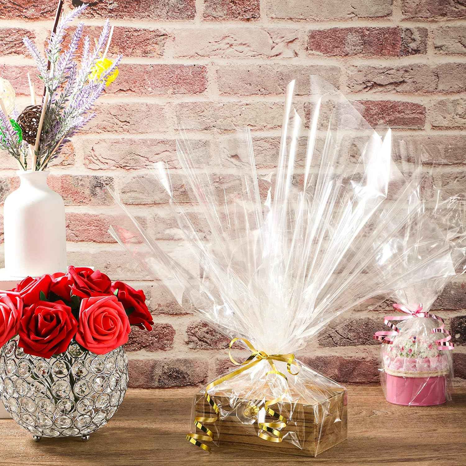 31.5 Inch x 100 Ft Gift Cellophane Wrap Roll with Colorful Curling Ribbon - TTpen