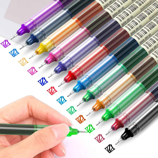 12 Color Quick Drying Liquid Ink Rollerball Pens 0.5mm Fine Point - TTpen