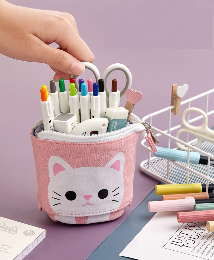 Angoo Cute Cat Stand-Up Pencil Case Portable Stationery Storage