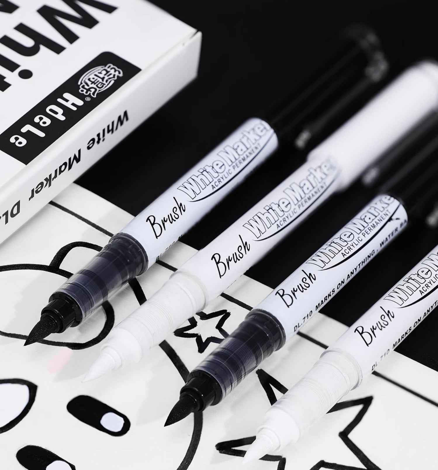 Black White Brush Tip Acrylic Paint Marker Pens Set, 10 Pack