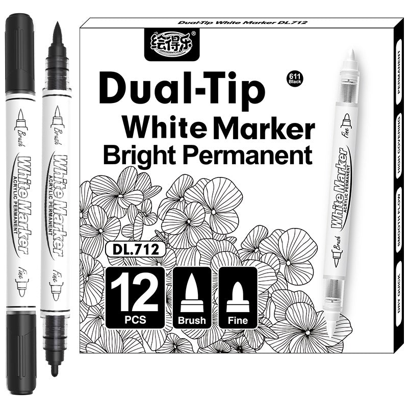 12 Pack Black White Brush and Fine Dual-Tip Acrylic Paint Markers