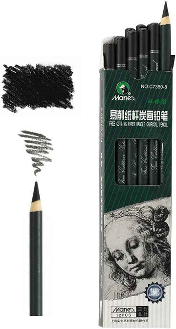 Marie's 12 Artist Soft Black Paper Handle Charcoal Pencils for Drawing Sketching - TTpen