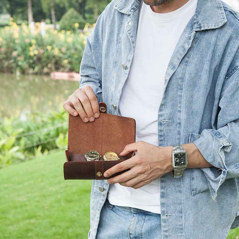 Genuine Leather Travel 3 Watch Case Roll Organizer - TTpen