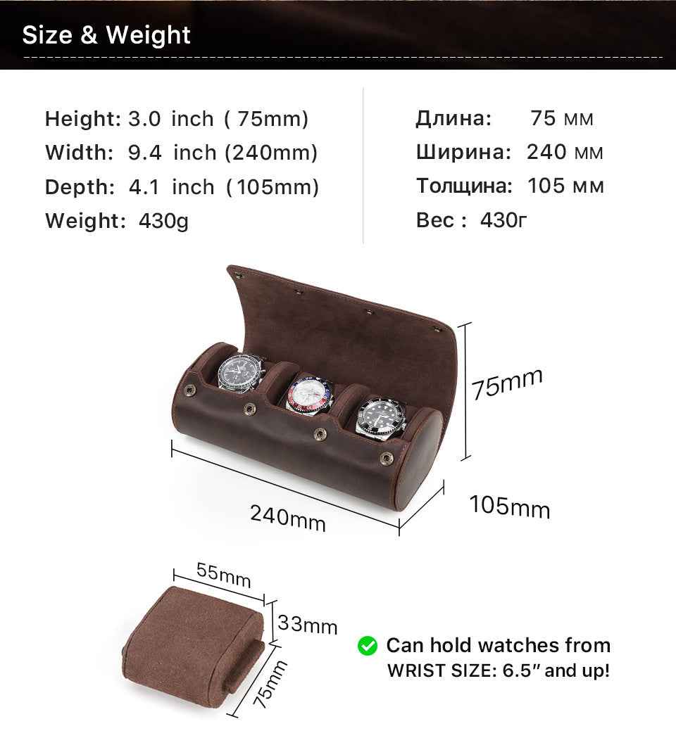 Leather Watch Roll Up Case 3 Slots Storage Box - TTpen