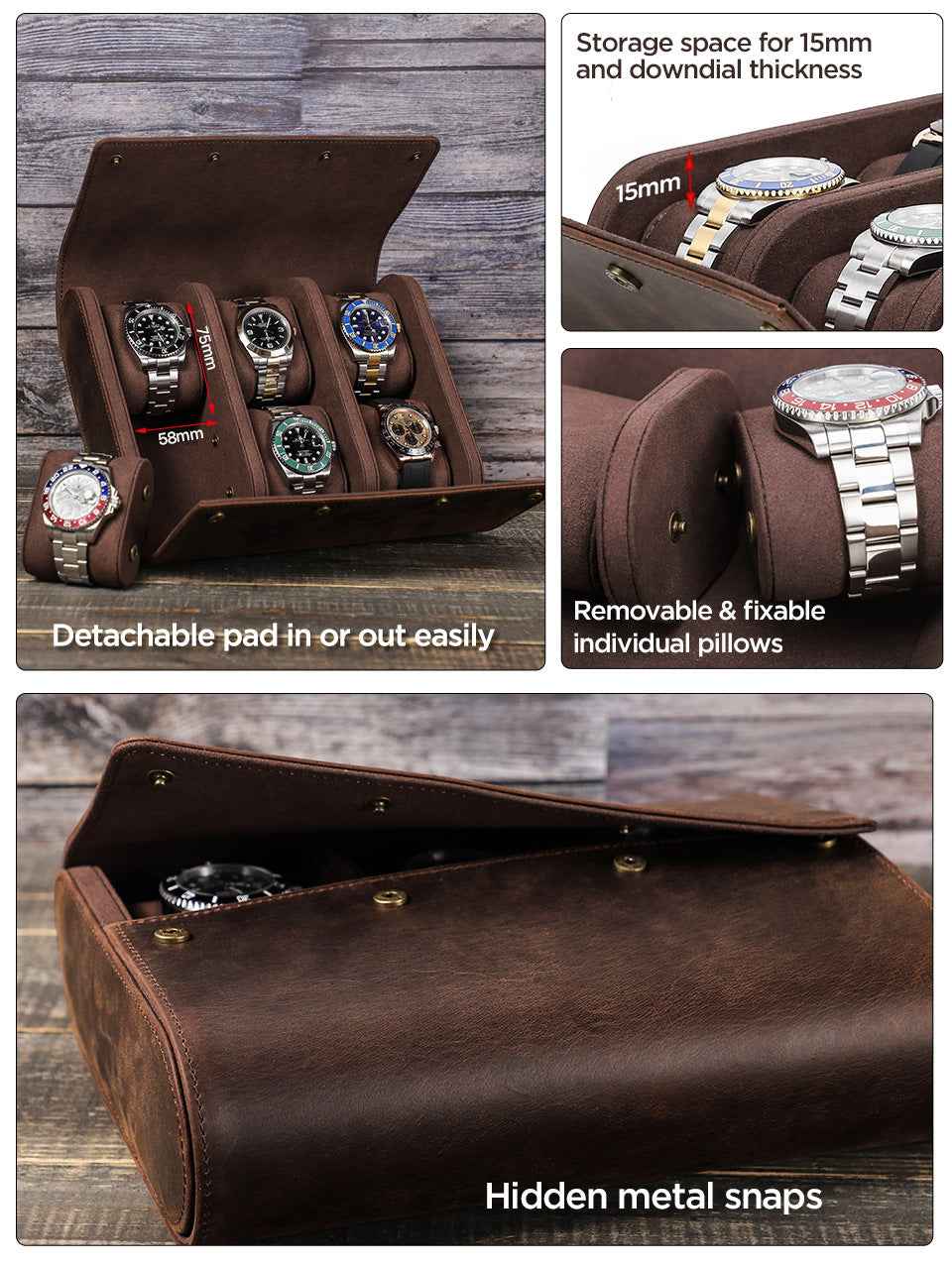 Leather Watch Roll Case 6 Slots Storage Box - TTpen