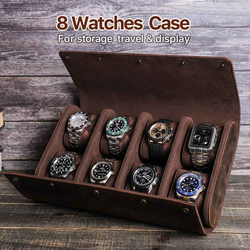 Leather 8 Watch Roll Storage Case for Travel Display - TTpen