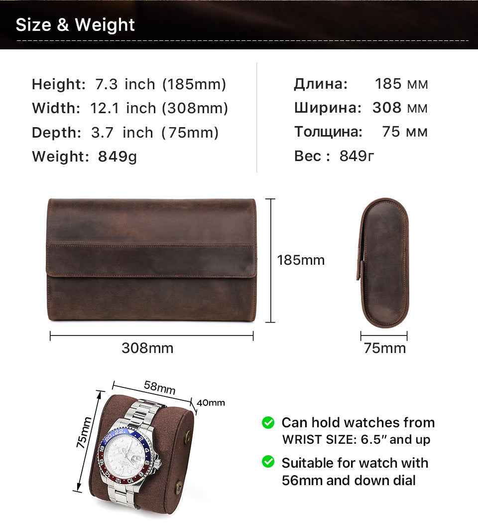 Leather 8 Watch Roll Storage Case for Travel Display - TTpen