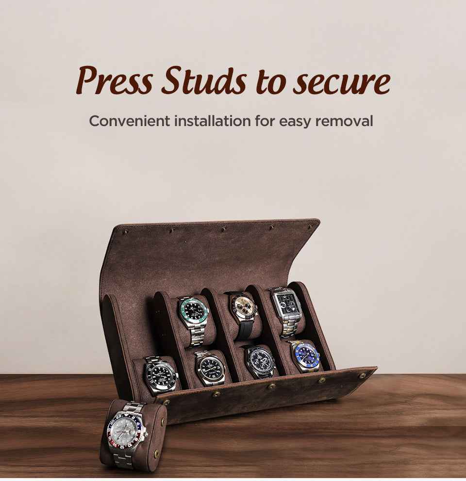 Leather 8 Watch Roll Storage Case for Travel Display - TTpen