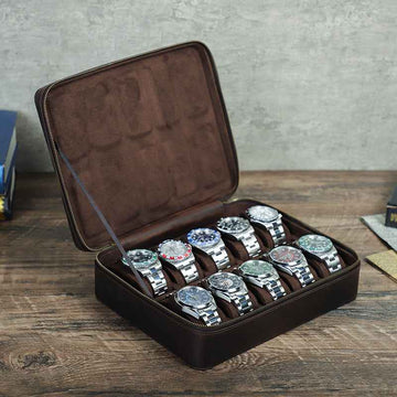 Leather 10 Slots Watch Case Zippered Storage Box for Travel Display - TTpen