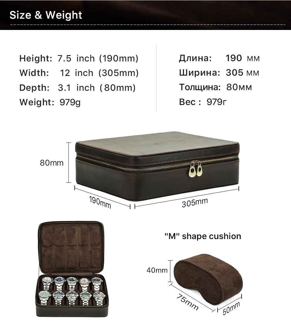 Leather 10 Slots Watch Case Zippered Storage Box for Travel Display - TTpen