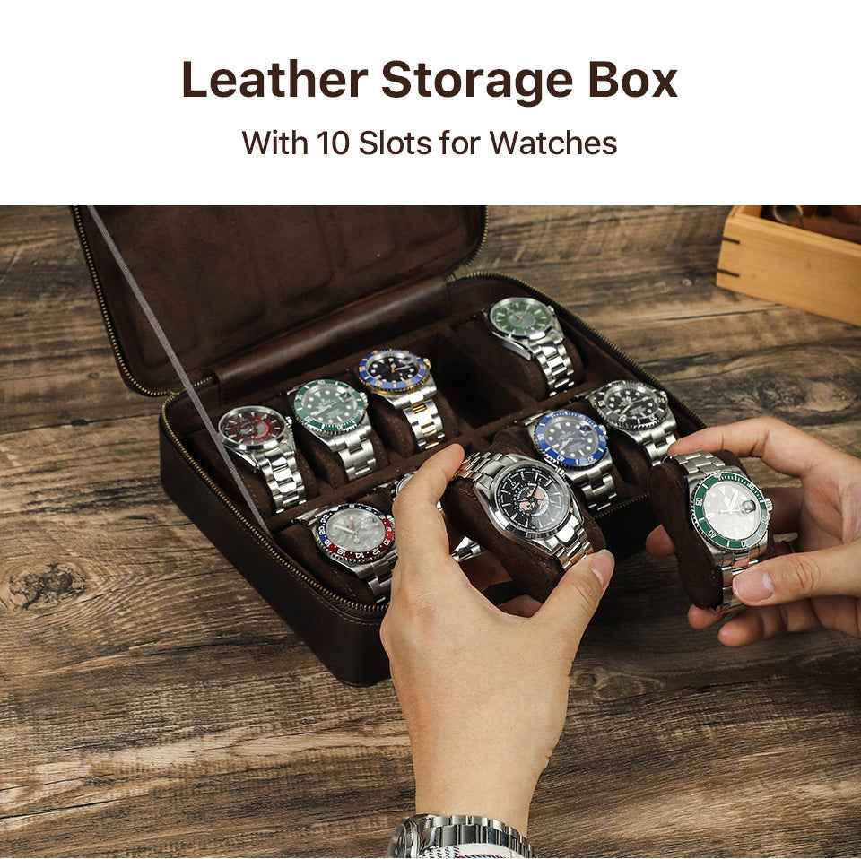 Leather 10 Slots Watch Case Zippered Storage Box for Travel Display - TTpen