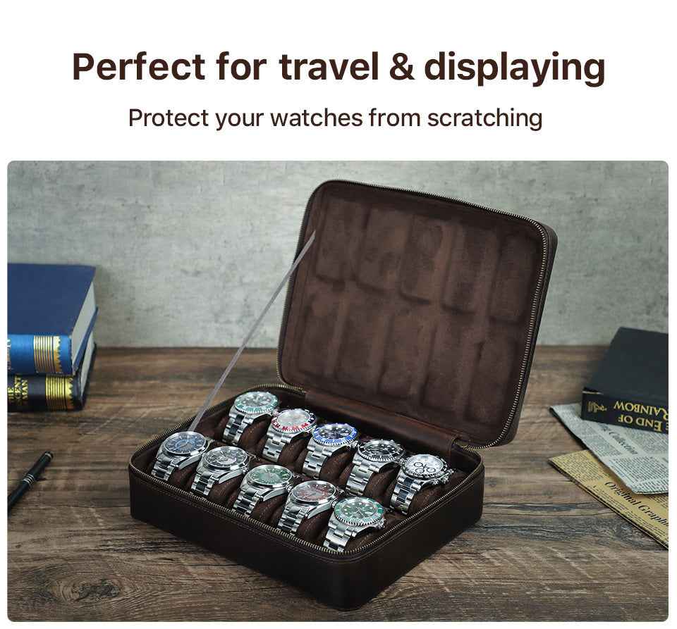 Leather 10 Slots Watch Case Zippered Storage Box for Travel Display - TTpen