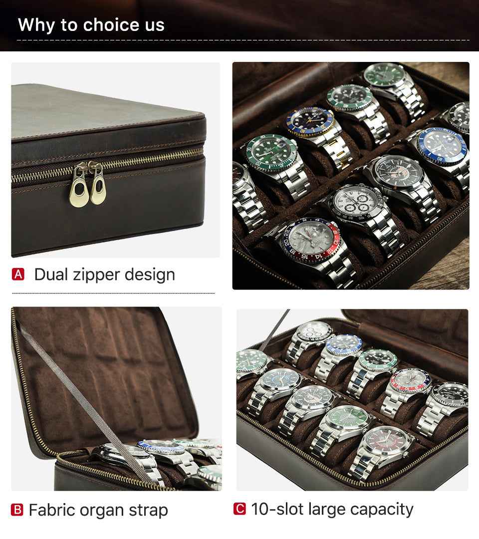 Leather 10 Slots Watch Case Zippered Storage Box for Travel Display - TTpen