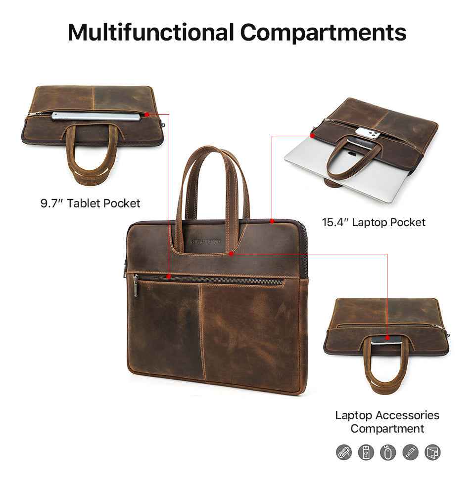 Leather Laptop Briefcase 15.4 inch with 5 Pockets for Macbook Pro Air - TTpen