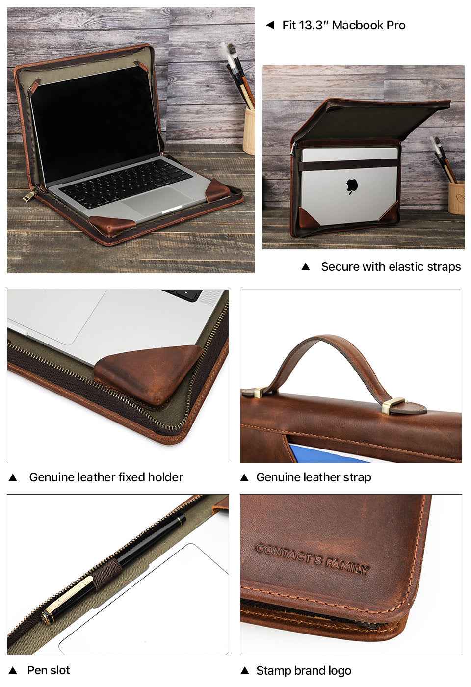 Leather Laptop Zipper Folio Case 13.3 inch for Macbook Pro Air - TTpen