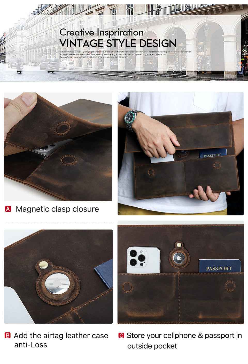 Leather Slim Laptop Sleeve Case 13.3 inch with Airtag Holder - TTpen