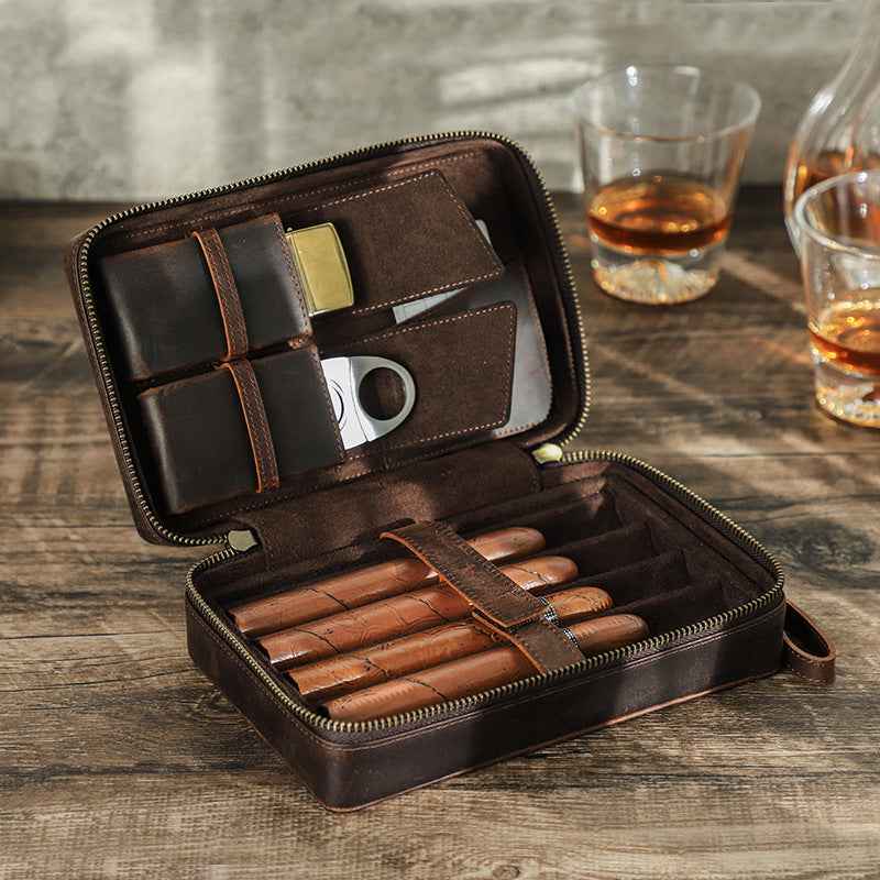 Leather Cigar Case Travel Humidor for 4 Cigars Storage Box - TTpen