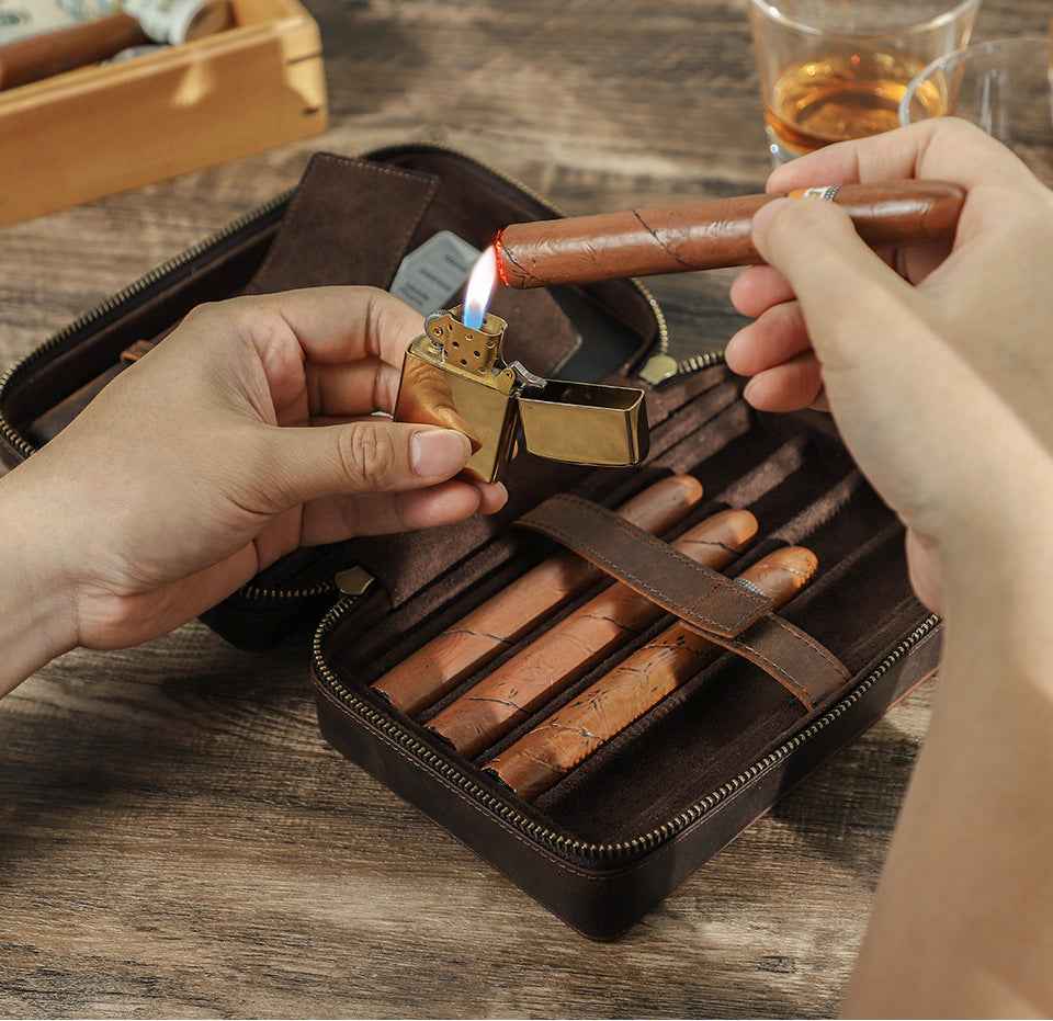Leather Cigar Case Travel Humidor for 4 Cigars Storage Box - TTpen