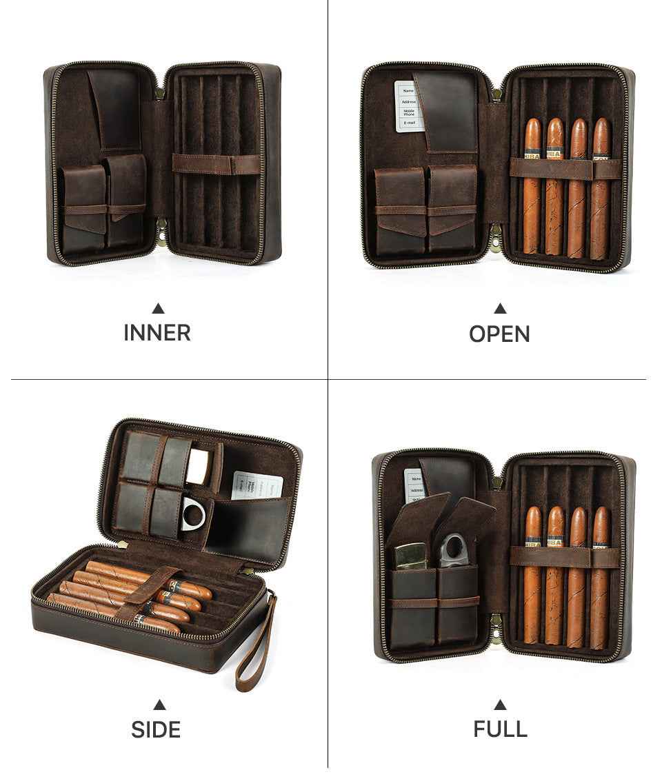 Leather Cigar Case Travel Humidor for 4 Cigars Storage Box - TTpen
