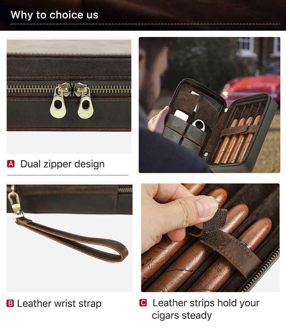 Leather Cigar Case Travel Humidor for 4 Cigars Storage Box - TTpen