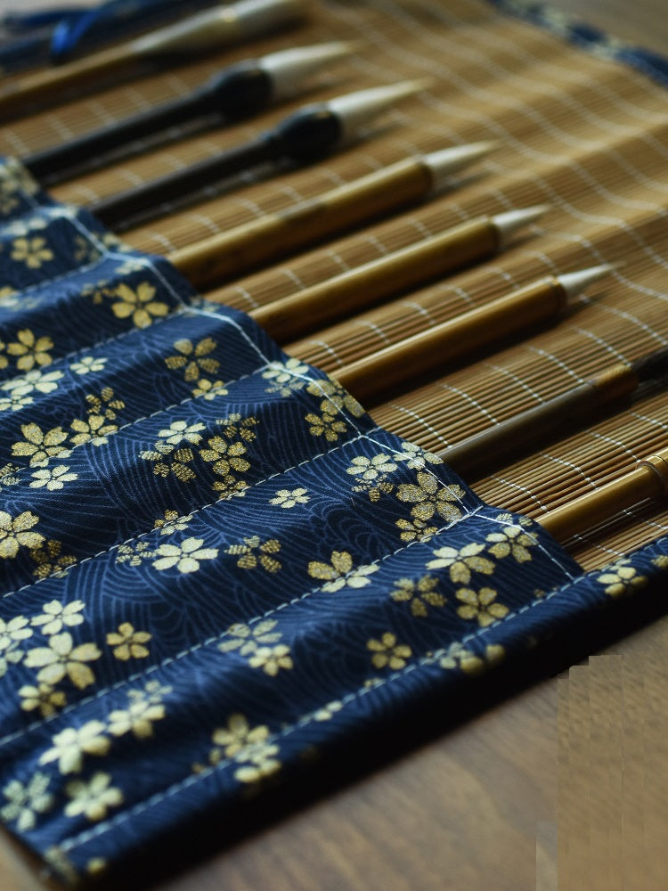 Chinese Japanese Calligraphy Brush Roll 8-Slot Bamboo Brush Holder