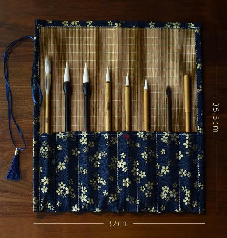 Chinese Japanese Calligraphy Brush Roll 8-Slot Bamboo Brush Holder