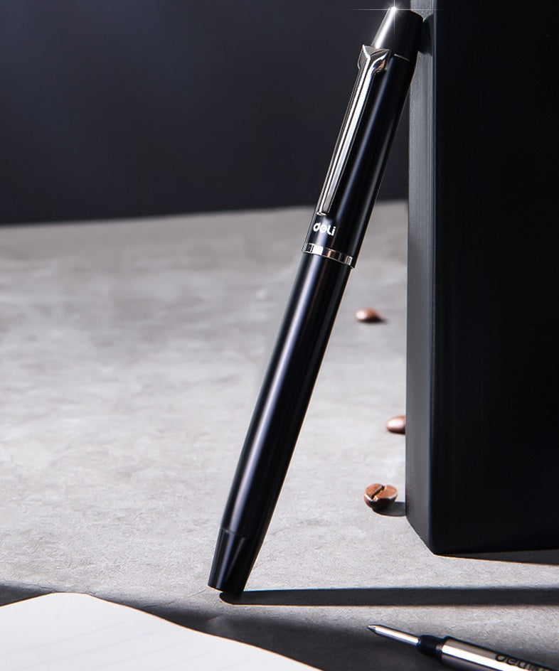 DELI S153 Rollerball Pen - 0.5mm Black Ink with Black/White Metal - TTpen