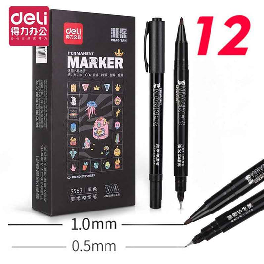 DELI Fine/Ultra Fine Twin Tip Permanent Marker Pen,Black (Pack of 12) - TTpen